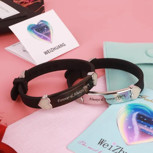 Vista 3 de 2 unids/set Herat Matching Pareja Pulseras Grow in the Dark English Letter Acero inoxidable Silicona Pulsera Novio Novia Esposa Regalo del Día