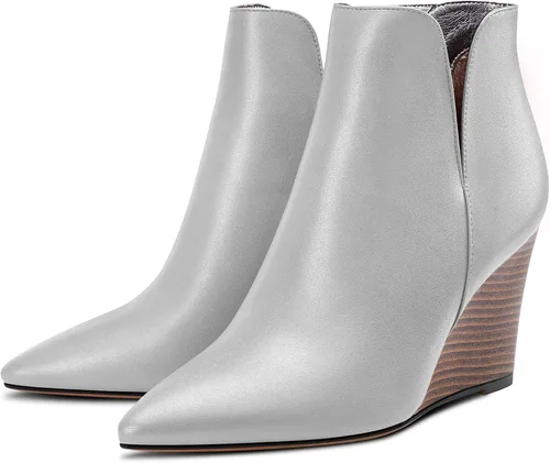 Vista 4 de Aachcol Botines de cuña para mujer, botines cortos, punta puntiaguda, tacón alto y grueso, mate, 4 pulgadas