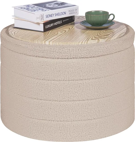 Vista 21 de PINPLUS Otomana de Almacenamiento Redonda Reposapiés Taburete con Bandeja de Terciopelo Sherpa Otomana de Almacenamiento Plegable, Reposapiés Boucle