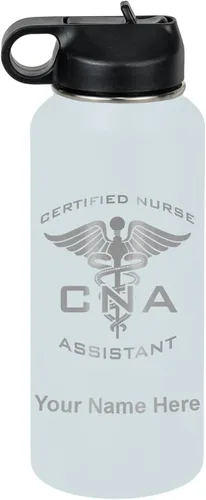 Vista 27 de LaserGram Botella de agua personalizada, asistente de enfermería certificada por la CNA, acero inoxidable de doble pared aislada al vacío con popote