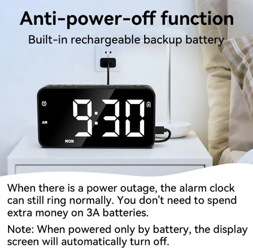 Vista 3 de Reloj despertador digital enchufable con batería de reserva recargable para dormitorios, sala de estar, estudio, reloj de noche ruidoso con función
