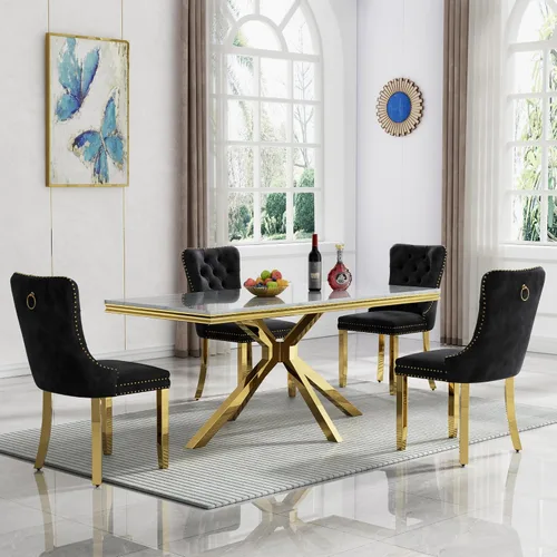 Vista 14 de Juego de 5 mesas de comedor, juego de mesa de cocina y comedor para 4, mesa de cocina rectangular de mármol sintético blanco de 47 pulgadas con base