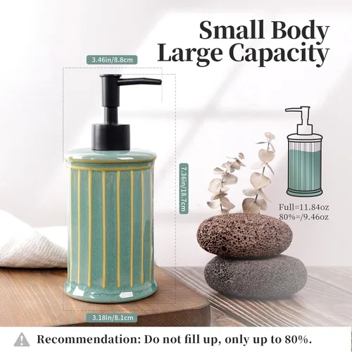 Vista 2 de Dispensador de jabón, dispensador de jabón líquido de cerámica 11.84OZ, dispensador de loción de manos para cocina, baño, ducha, recargable, verde