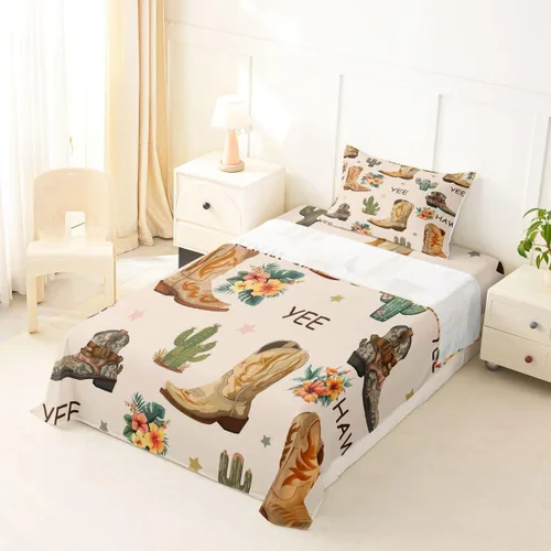 Vista 2 de Erosebridal Western Cowgirl Sheet Set Twin Western Cowboy Bed Sheets for Kids Boys Girls Horseshoe Boots Southwestern Flat Fitted Sheet Wild West
