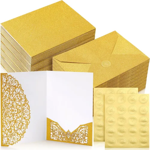 Vista 11 de PerKoop Juego de 100 invitaciones de boda cortadas con láser de 5 x 7 pulgadas con sobres y calcomanías de sello de cera, kit de tarjetas