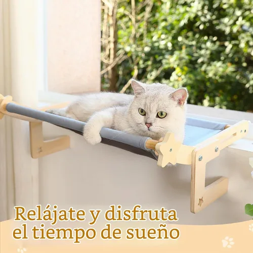 Vista 6 de Percha para ventana de gato para gatos grandes, cama hamaca resistente sin taladro, asiento de marco de madera maciza con ganchos de metal, alféizar