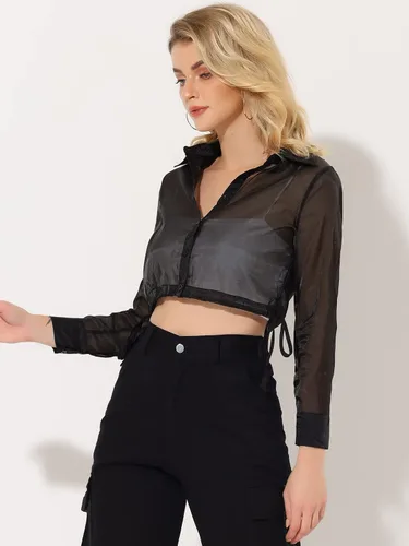 Vista 3 de Allegra K Chaqueta de malla transparente para mujer, manga larga, dobladillo con cordón y botones, recortada