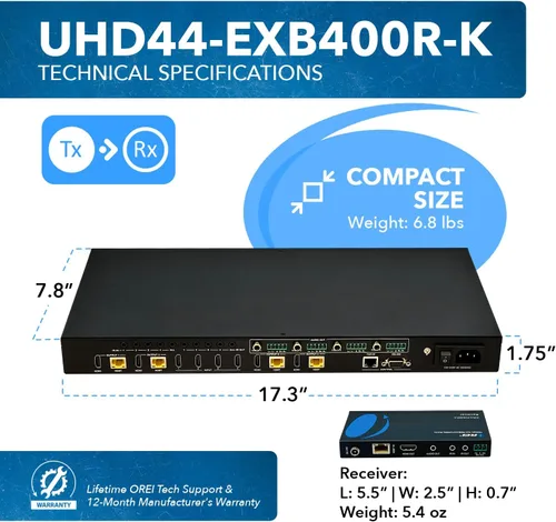 Vista 5 de OREI Extensor Matriz Switch 4x4 400ft 4K HDBaseT PoC bidireccional IR CEC Extensor de conmutadores de matriz, matriz HDMI HDBaseT - 18 Gbps, Dolby