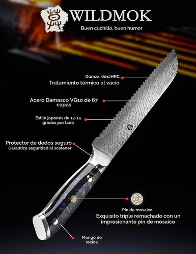 Vista 5 de WILDMOK Cuchillo de pan de acero dentado de Damasco, cuchillo de pan dentado de 8 pulgadas, mango ergonómico de resina de espiga completa, afilado