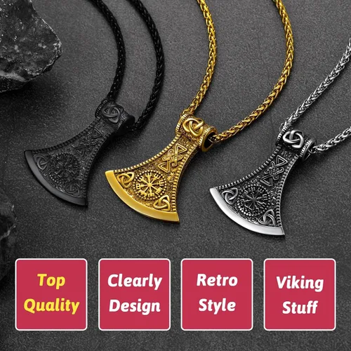 Vista 6 de FaithHeart Collar con colgante de hacha vikinga para hombres y mujeres, joyería vikinga nórdica de acero inoxidable con delicado embalaje de regalo