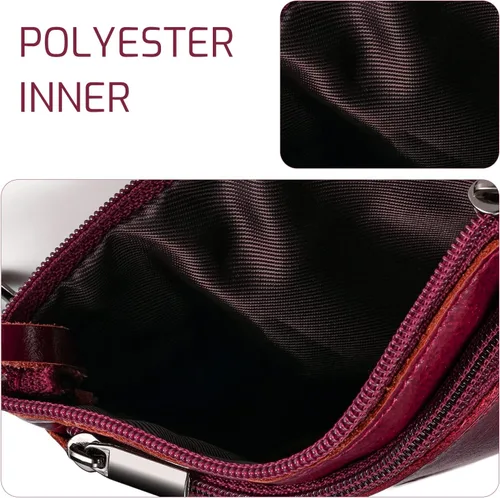 Vista 6 de Monedero de cuero genuino con triple cremallera para tarjetero con llavero, Rojo vino, Monedero