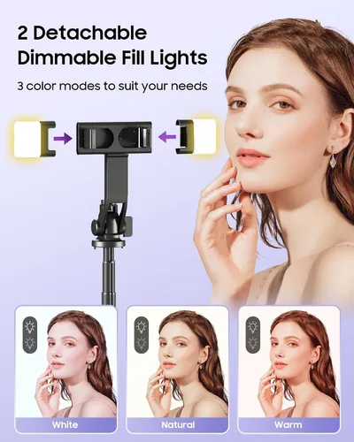 Vista 2 de Trípode para selfie stick de 53 pulgadas con luz, soporte mejorado para teléfono celular de 4 patas, trípode para cámara con control remoto