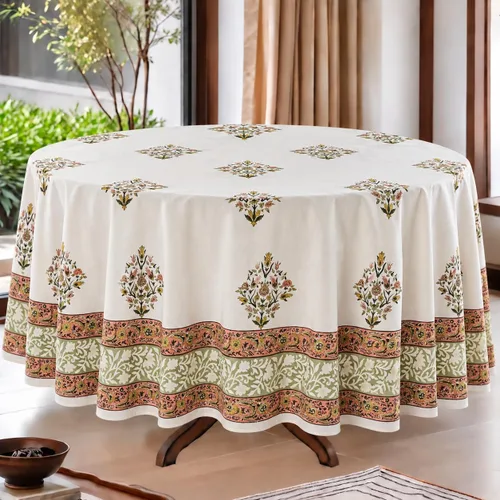 Vista 92 de Ridhi Mantel redondo estampado a mano color rosa flamenco 120 pulgadas 100%