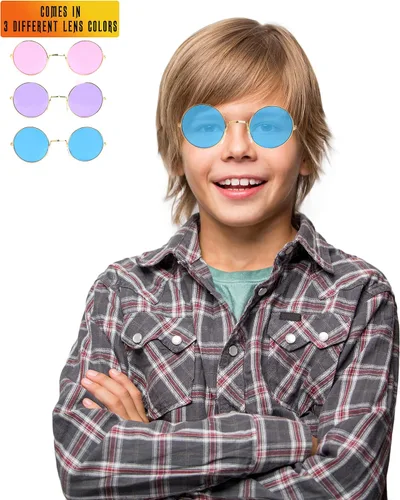 Vista 6 de Skeleteen Gafas de sol redondas hippie tintadas color rosa morado y azul estilo hipster de los años 60 a granel para fiestas 12 pares