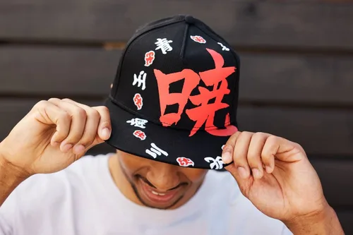 Vista 5 de Ripple Junction Naruto Shippuden Adulto Unisex Akatsuki Kanji Ring Flat Bill El Snapback Sombrero NegroRojo