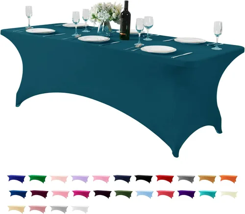 Vista 90 de Mantel de elastano para mesa de 6, 4 o 8 pies, universal, ajustable, para fiestas, banquetes, bodas y eventos, color verde manzana