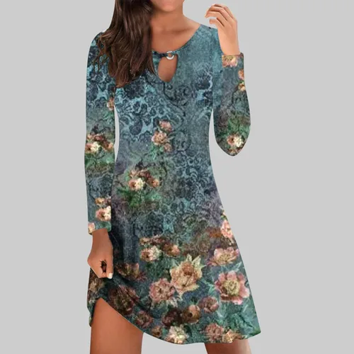 Vista 2 de Cafuvv Vestidos cóctel florales Mujer Manga Larga Tie Dye Vestido diario Vestido hueco Cuello Swing dobladillo Cortos