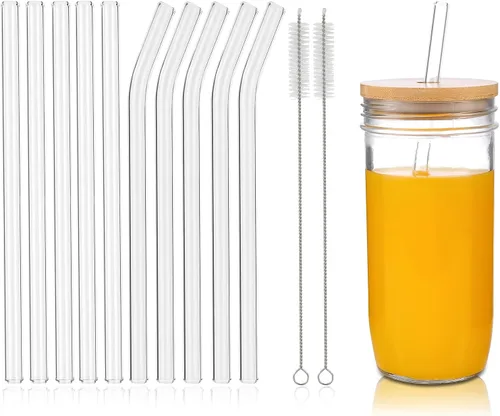 Vista 11 de 10 popotes Boba de vidrio reutilizables, 0.354 x 0.551 in de ancho, para té de burbujas, batidos, juego de 5 rectas y 5 dobladas con 2 cepillos