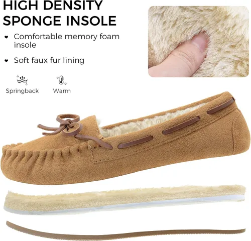 Vista 3 de Vonair Women's Moccasin Slippers Micro Suede Warm Faux Fur Pile Lined Lace-Up Cozy Bow Indoor & Outdoor Moccasins Slip On Loafers Shoes for Women