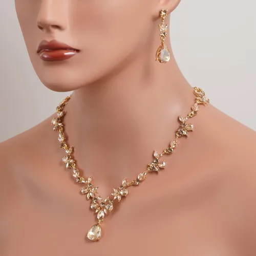 Vista 4 de BriLove Juego de joyas de boda para mujer, novia, collar en Y, pulsera de tenis, juego de aretes colgantes de lágrima de cristal, joyería de racimo