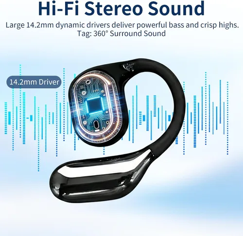 Vista 3 de Auriculares de oreja abierta, auriculares Bluetooth inalámbricos con micrófono, auriculares deportivos ultra cómodos con pantalla LED, sonido Negro