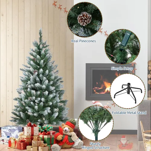 Vista 6 de Árbol de Navidad Artificial Preiluminado de 4.5 Pies, Árbol de Pino de Navidad con Piñas, 150 LEDs y 352 Puntas - Soporte con Bisagras, Árboles
