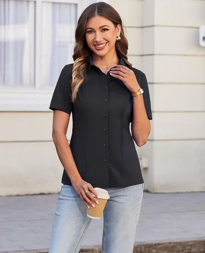 Vista 4 de Siliteelon Camisetas de Botón para Mujer, Ajustadas, de Manga Corta, Elásticas, Camisa de Vestir, Sin Arrugas, Sólida, Blusa de Trabajo