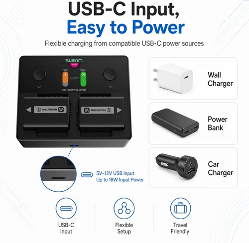 Vista 4 de Cargador de batería de cámara 3 en 1 para Sony NP-FZ100 NP-FW50 NP-BX1, cargador rápido LCD de doble ranura USB-C compatible con baterías de cámara