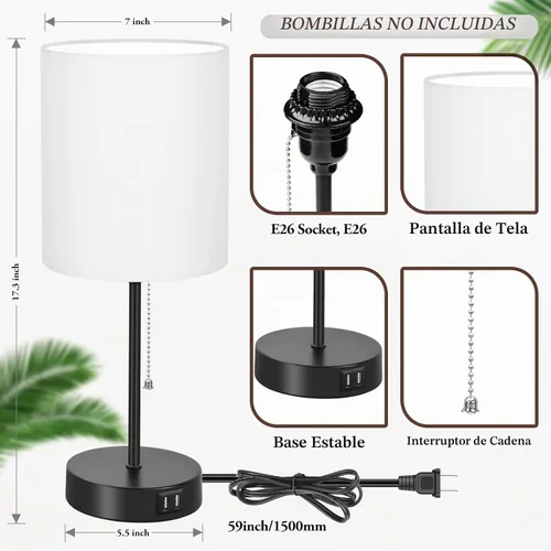 Vista 5 de Juego de 2 lámparas de mesa con puertos de carga USB, lámparas de noche blancas con salida de CA, lámparas de mesita de noche con interruptor