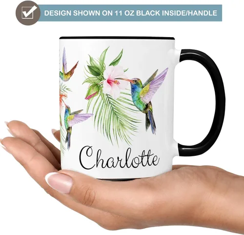 Vista 3 de Taza de café de cerámica personalizada con nombre de colibrí, 11 o 15 onzas