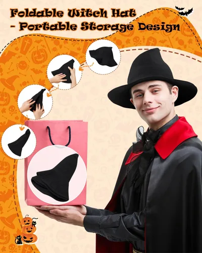 Vista 3 de Century Star Sombrero de bruja para mujer para Halloween, sombreros de lana de ala ancha, gorra de punto Spire para fiesta y uso diario