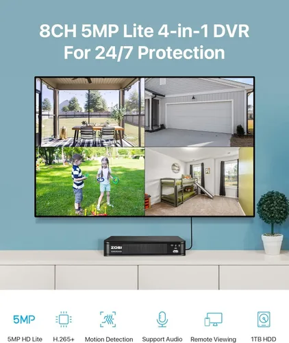 Vista 8 de ZOSI 8 canales HD-TVI 1080P Lite 4 en 1 videovigilancia DVR grabadora 1TB HDD, acceso remoto, detección de movimiento (renovado)