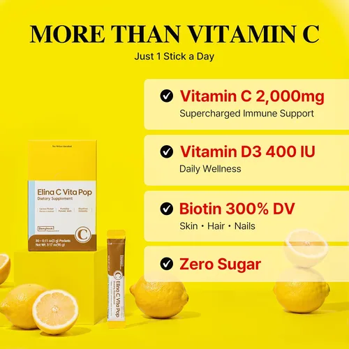 Vista 3 de DONGKOOK Vita Pop - Polvo coreano de vitamina C de 2,000 mg sin azúcar, vitamina D y barra de biotina, mezcla de bebida de limón, suplementos