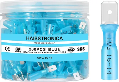 Vista 10 de haisstronica 200 conectores de pala hembra termorretráctiles azules, AWG 16-14, kit de terminlas de pala hembra termorretráctil, conectores