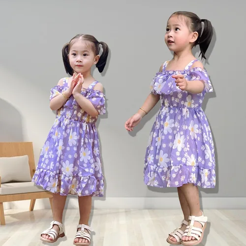 Vista 2 de Vestido de verano para niñas pequeñas, vestido de princesa de gasa, vestido de tutú floral, ropa de playa con tirantes, falda de verano para niña
