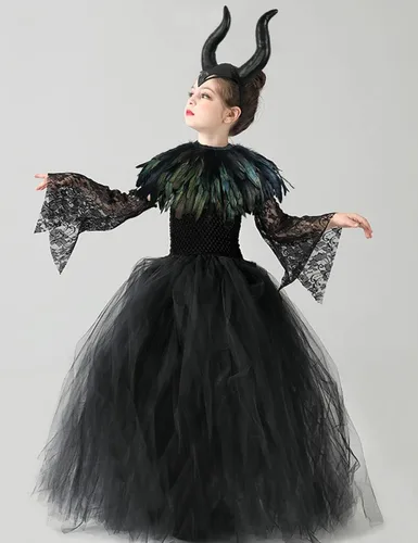 Vista 8 de L'VOW Vestido de princesa de encaje tutú de tul para Halloween con cuernos de demonio, capa de plumas