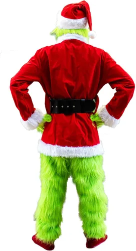 Vista 2 de Blafly Disfraz de Navidad para hombres, traje de Papá Noel para adultos, 8 piezas, monstruo grande peludo verde para Halloween, vacaciones, cosplay