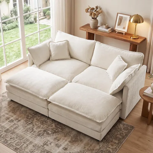 Vista 94 de Sofá individual modular de chenilla con otomana, sofá nube con almohada, color beige