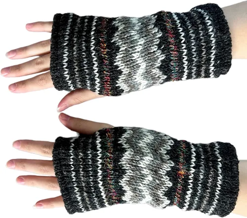 Vista 4 de Ella Sussman Guantes tejidos a mano sin dedos de invierno con rayas para usar pantalla táctil, forro interior de lana de lana suave y cálida Gris