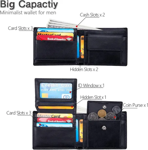 Vista 7 de OFAMOUS Cartera de cuero para hombre con bolsillo para monedas ventana de identificación abatible bloqueo RFID billetera delgada con bolsillo