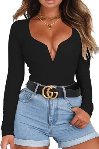 Vista 2 de VALLDUKA Womens Deep V Neck Bodysuit Long Sleeve Low Cut Body Suits Tops Sexy Leotards Jumpsuit