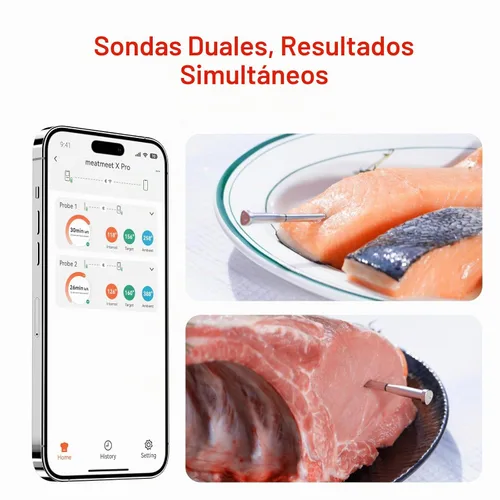 Vista 4 de Termómetro inalámbrico Meatmeet X Pro para carne con Wi-Fi dual y Bluetooth, termómetro digital para carne con 2 sondas y base de pantalla LED, 6