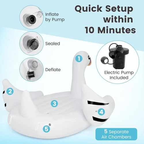 Vista 4 de Goplus Isla flotante de cisne inflable gigante, flotador de piscina para 4 personas con 4 soportes para tazas, muelle flotante recreativo para lago