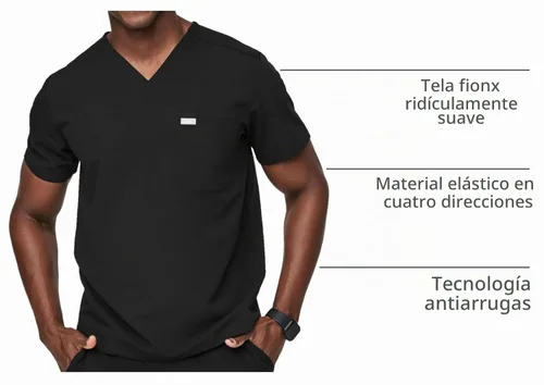 Vista 4 de FIGS Leon - Camiseta médica para hombre, 3 bolsillos, ajuste a medida, cuello en V moderno, elástico en 4 direcciones, absorbe la humedad BLK