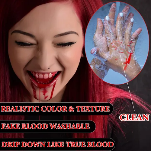 Vista 3 de Spray de sangre falsa de Halloween, salpicadura de sangre realista, líquido artificial lavable, sangre falsa para ropa, kit de maquillaje SFX