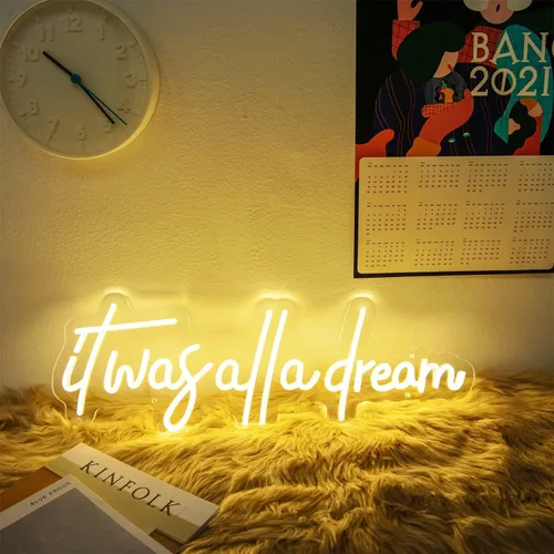 Vista 8 de Letrero de luz de neón con texto en inglés «It Was All a Dream» con luces LED 3D personalizadas, lámpara de neón reutilizable, brillo ajustable