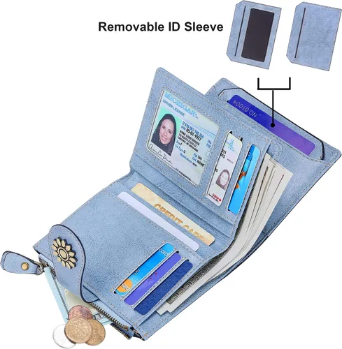 Vista 2 de Lavemi Cartera de piel para mujer, pequeña, compacta, con bloqueo RFID, para tarjetas de crédito, con bolsillo con cremallera