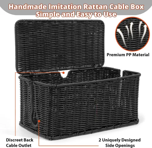 Vista 5 de Caja grande de organización de cables, organizador de cables de ratán de imitación tejida a mano, caja de gestión de cables de escritorio