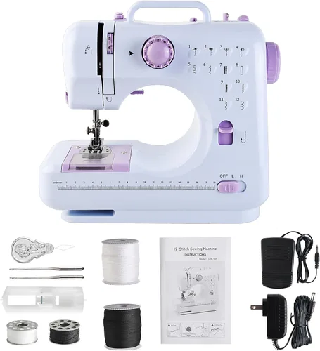 Vista 9 de Máquina de coser para principiantes y niños, mini máquinas de coser portátiles con 12 patrones de puntada incorporados, pedal de pie de 2