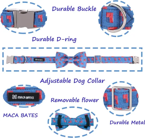 Vista 4 de Maca Bates - Collar de perro con bandera estadounidense del 4 de julio con pajarita para perros, corbatín de 4 de 7 banderas, azul, ajustable
